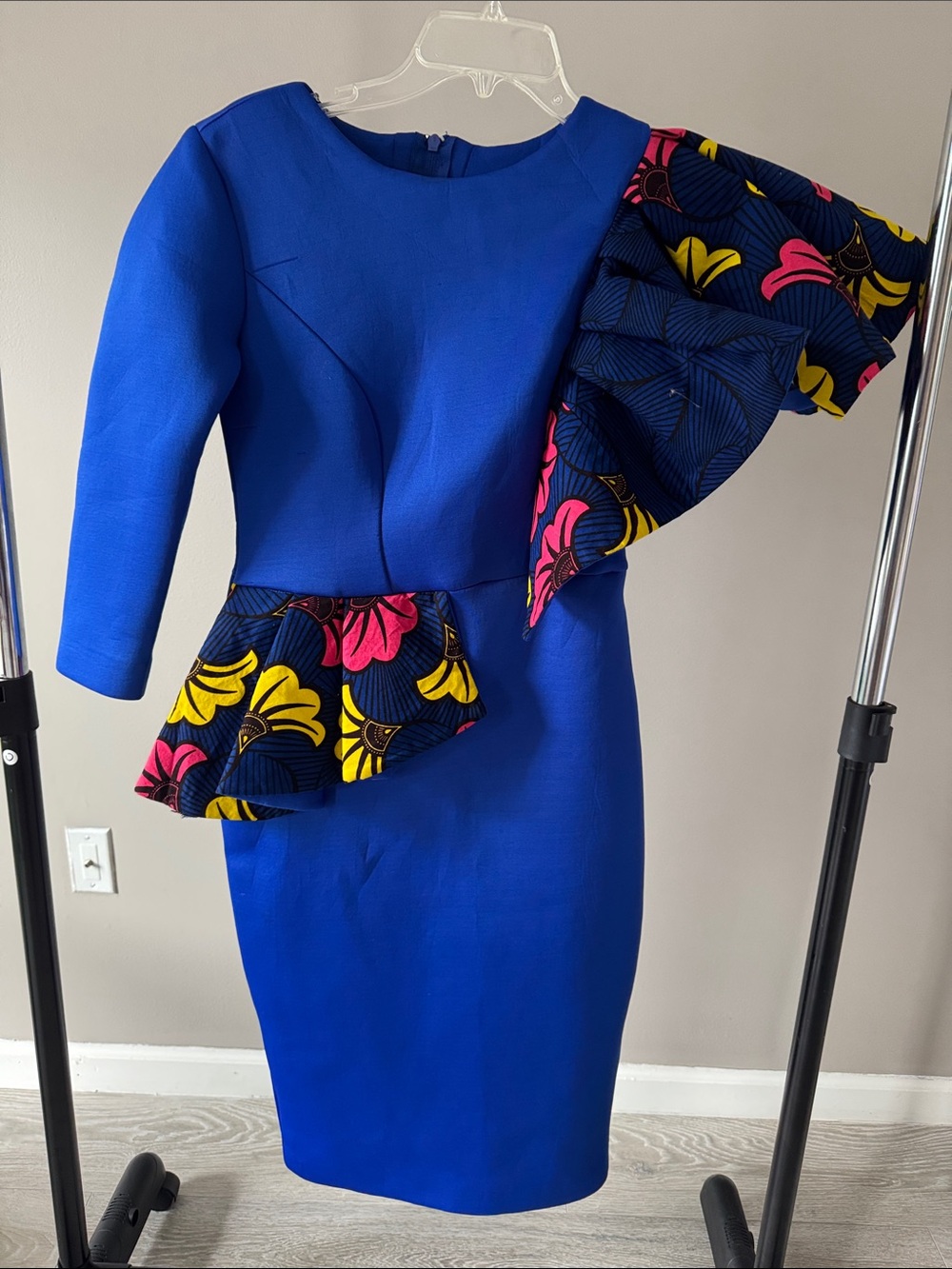 Blue Peplum Dress with Ankara Ruffle Sleeve